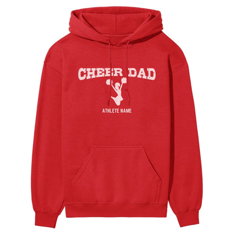 cheer dad with cheerleader icon and cheerleader name on a hoodie with a white graphic