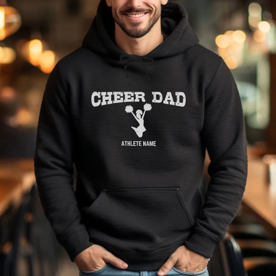 cheer dad with cheerleader icon and cheerleader name on a hoodie with a white graphic