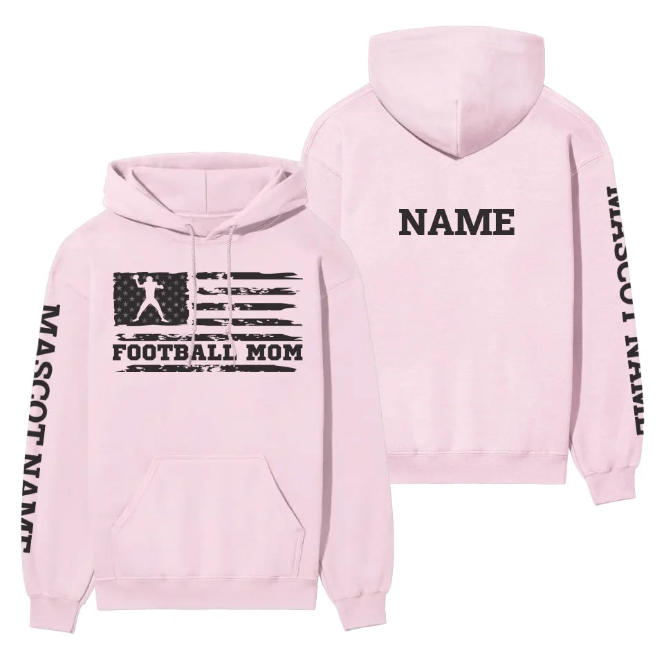 football mom horizontal flag with football player name on a hoodie with a black graphic