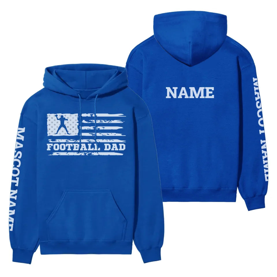 football dad horizontal flag with football player name on a hoodie with a white graphic