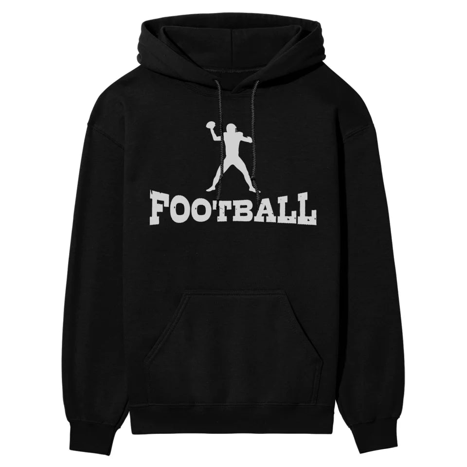 basic football with football player icon on a hoodie with a white graphic