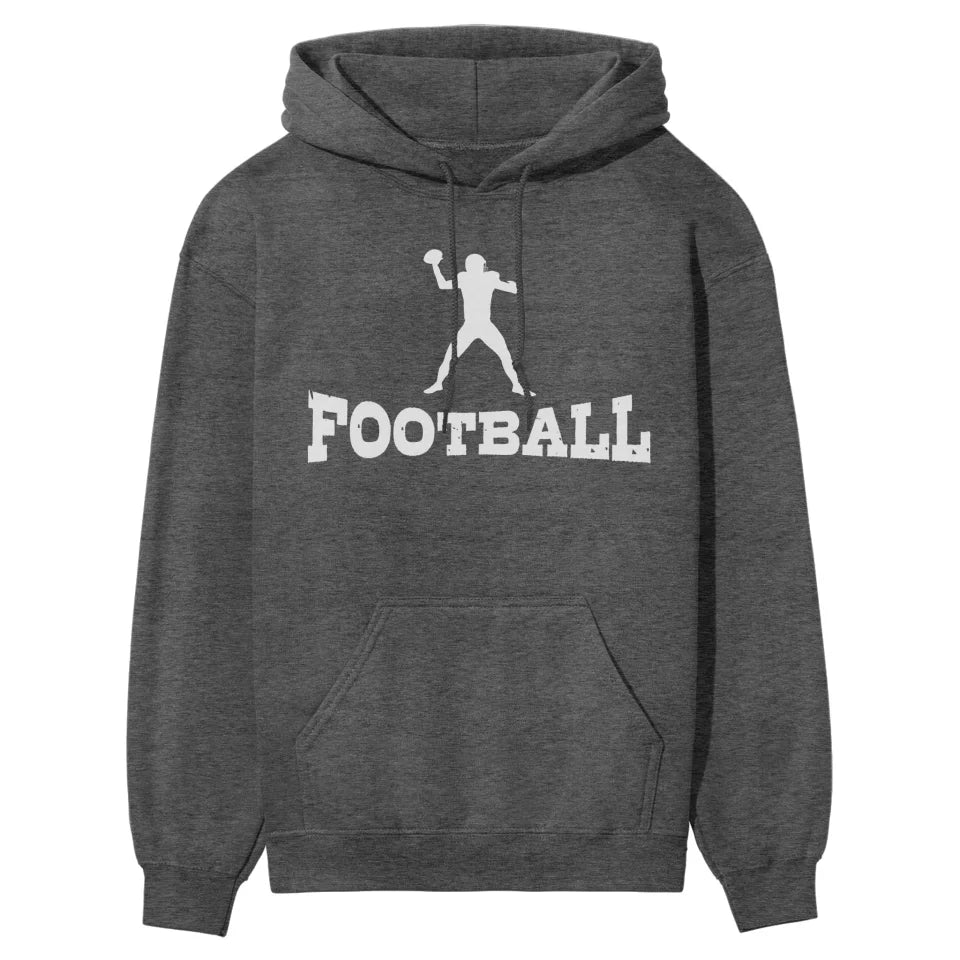 basic football with football player icon on a hoodie with a white graphic