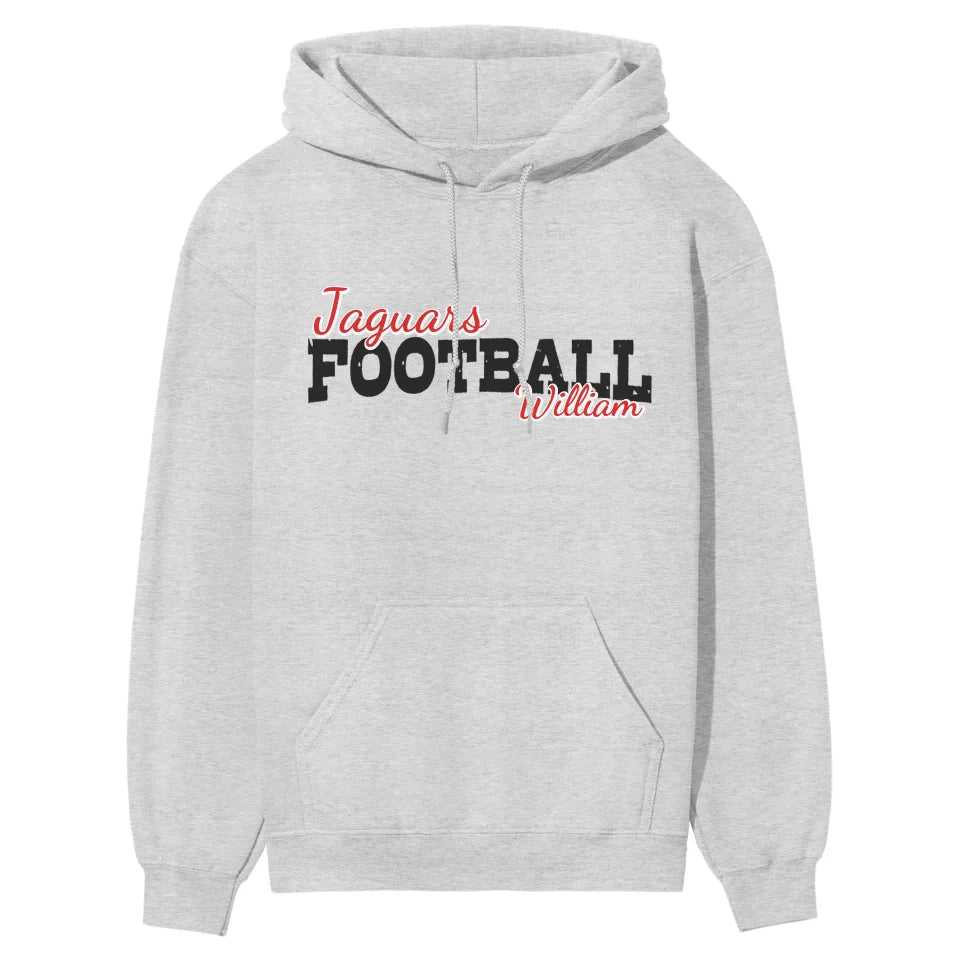 custom football mascot and football player name on a hoodie with a black graphic