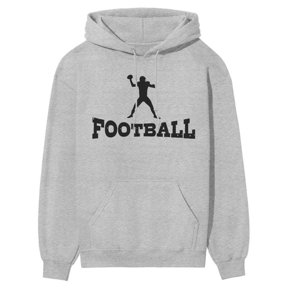 basic football with football player icon on a hoodie with a black graphic