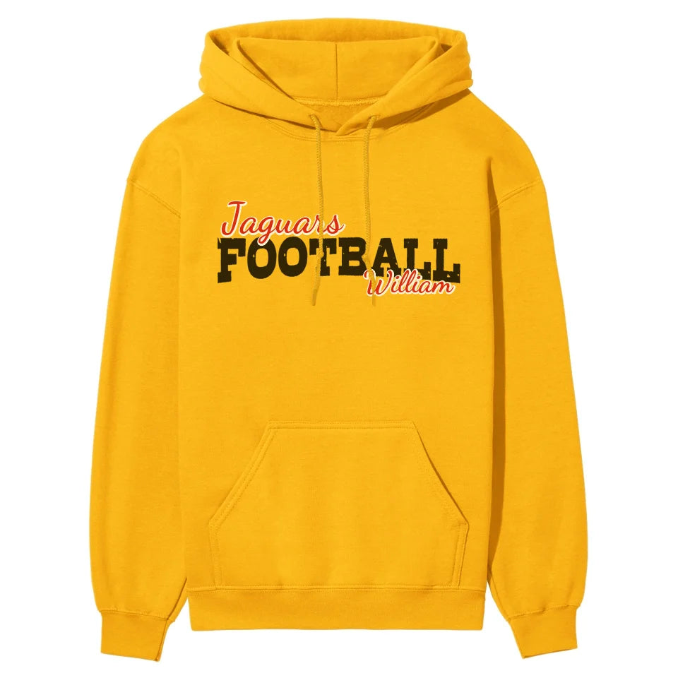 custom football mascot and football player name on a hoodie with a black graphic