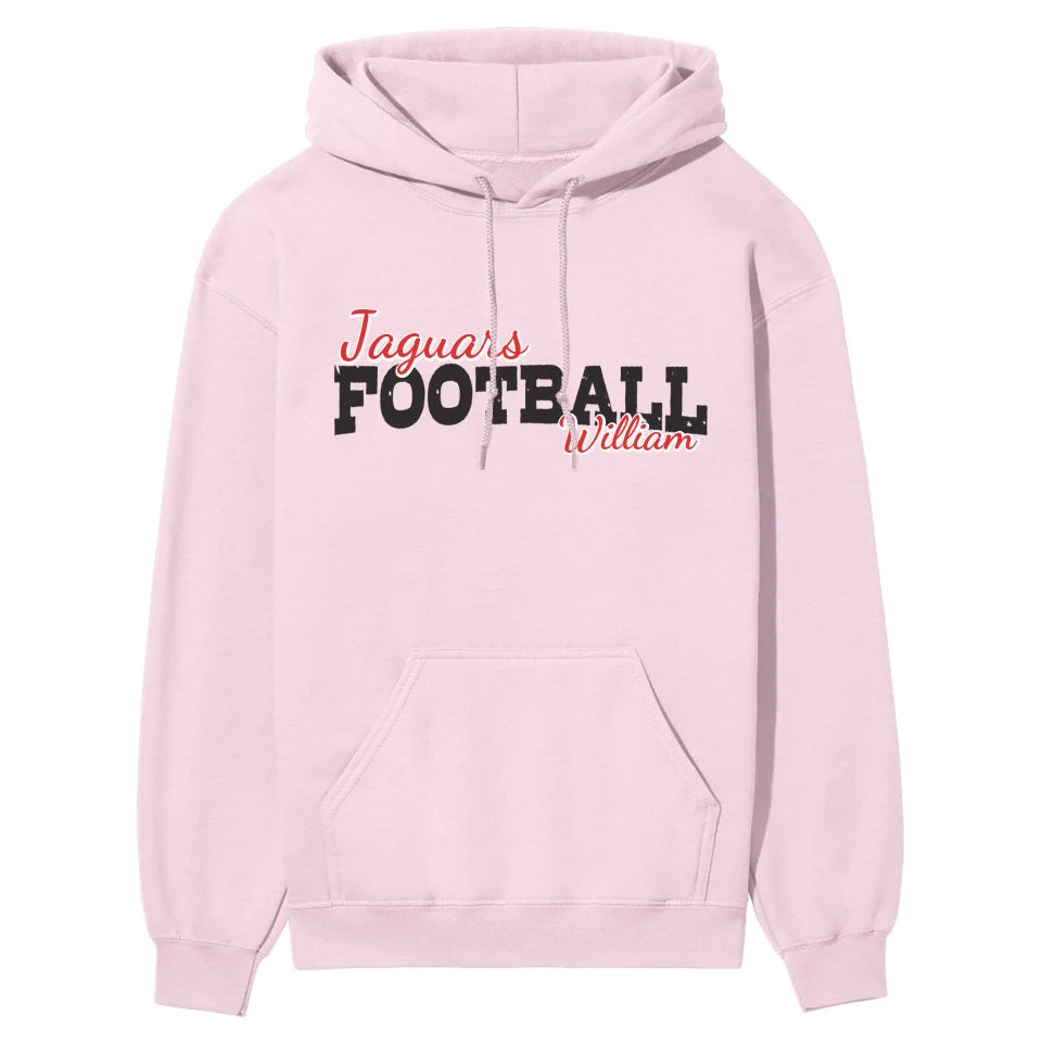 custom football mascot and football player name on a hoodie with a black graphic