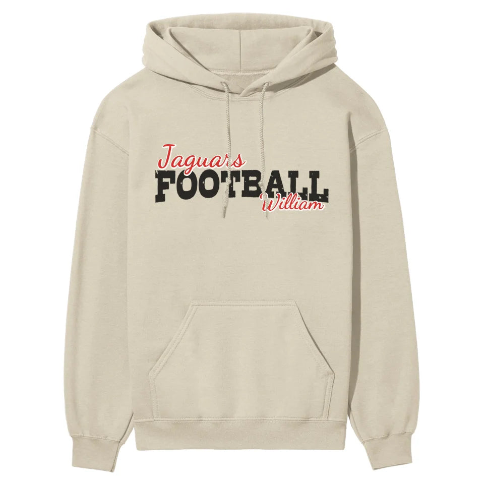 custom football mascot and football player name on a hoodie with a black graphic