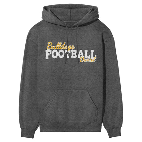 custom football mascot and football player name on a hoodie with a white graphic