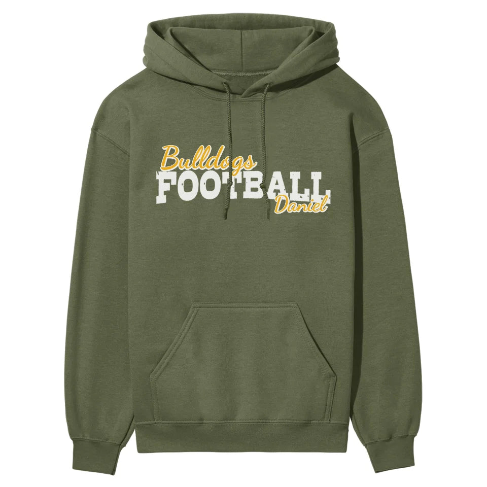 custom football mascot and football player name on a hoodie with a white graphic