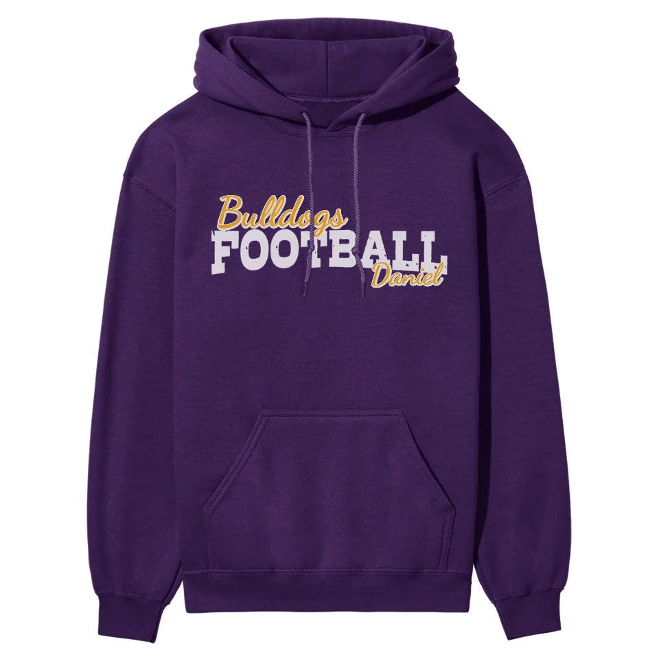 custom football mascot and football player name on a hoodie with a white graphic