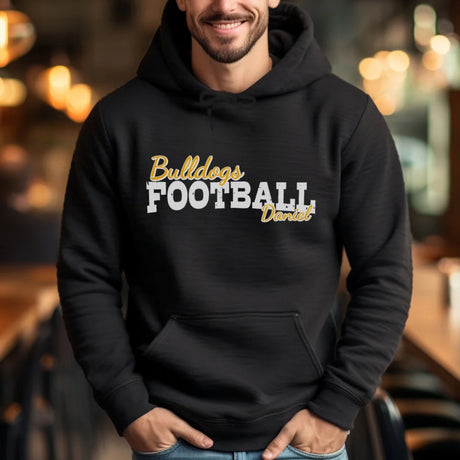 custom football mascot and football player name on a hoodie with a white graphic