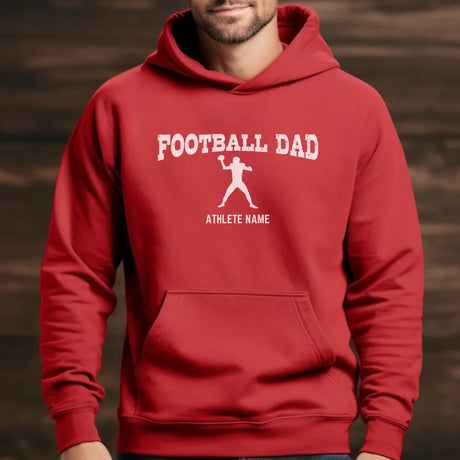 football dad with football player icon and football player name on a hoodie with a white graphic