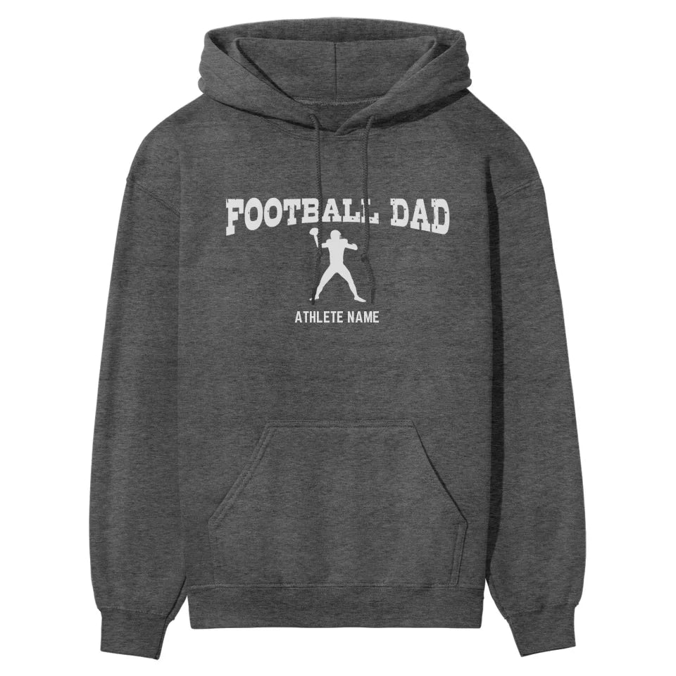 football dad with football player icon and football player name on a hoodie with a white graphic