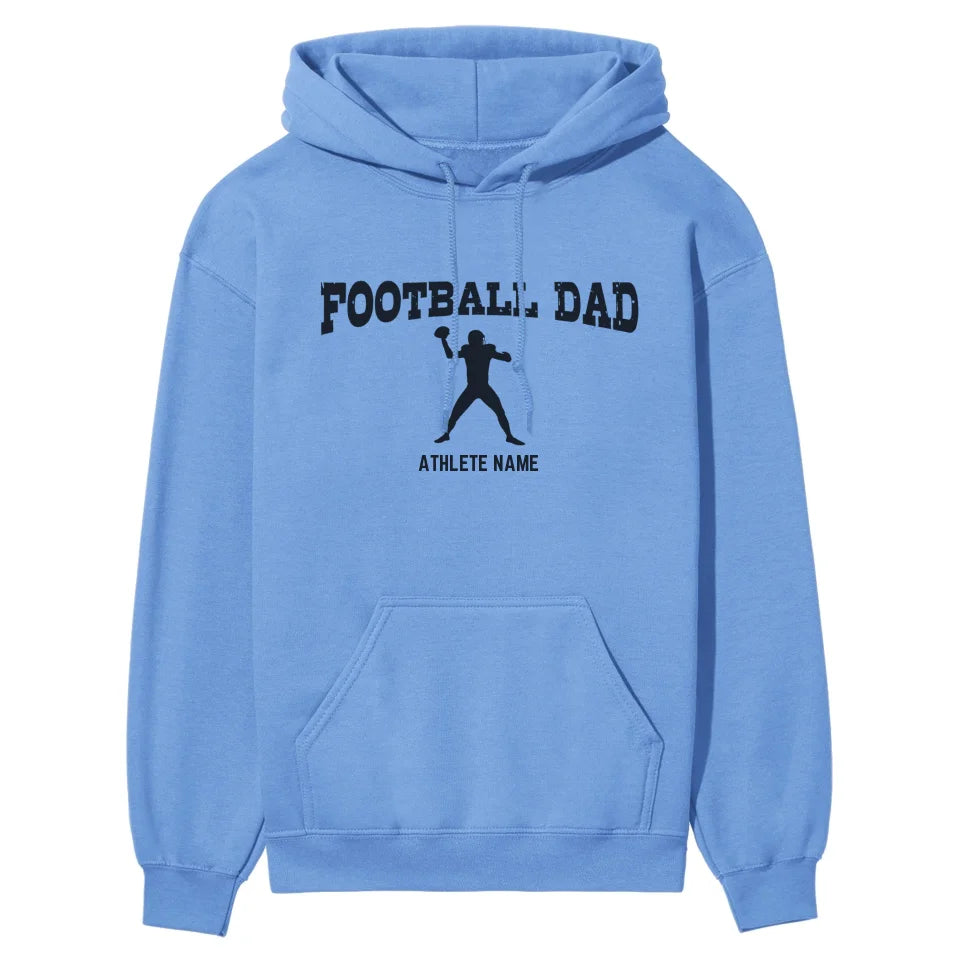 football dad with football player icon and football player name on a hoodie with a black graphic