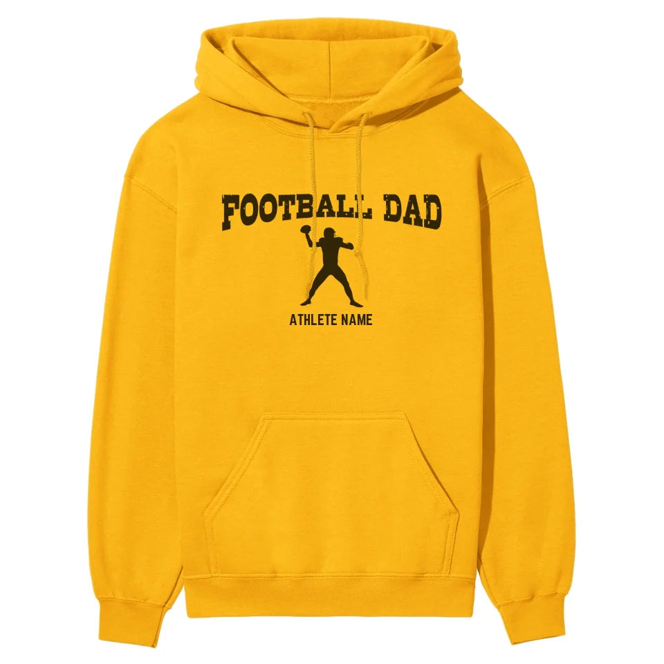 football dad with football player icon and football player name on a hoodie with a black graphic