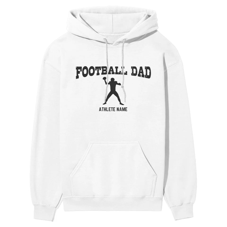 football dad with football player icon and football player name on a hoodie with a black graphic