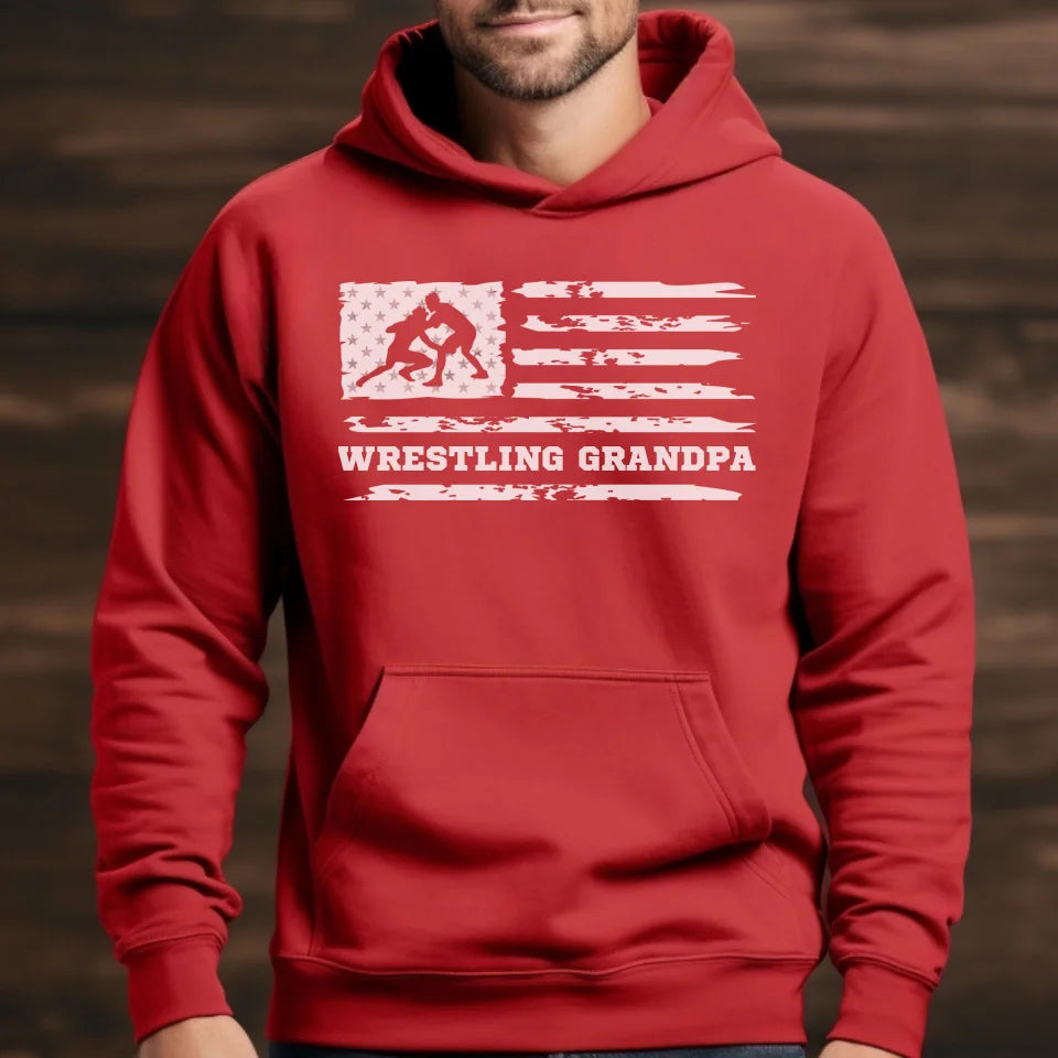 wrestling grandpa horizontal flag on a hoodie with a white graphic