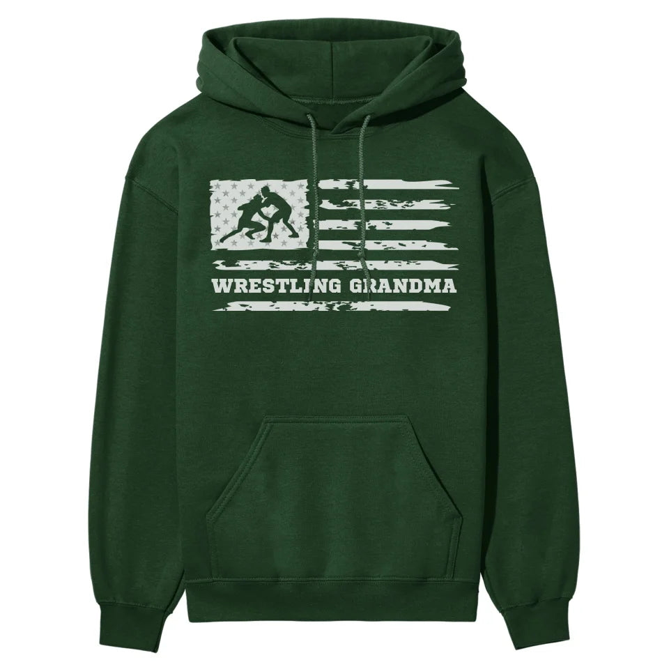 wrestling grandma horizontal flag on a hoodie with a white graphic