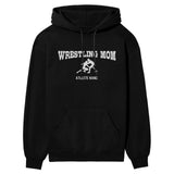 wrestling mom with wrestler icon and wrestler name on a hoodie with a white graphic