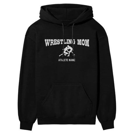 wrestling mom with wrestler icon and wrestler name on a hoodie with a white graphic