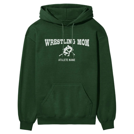 wrestling mom with wrestler icon and wrestler name on a hoodie with a white graphic