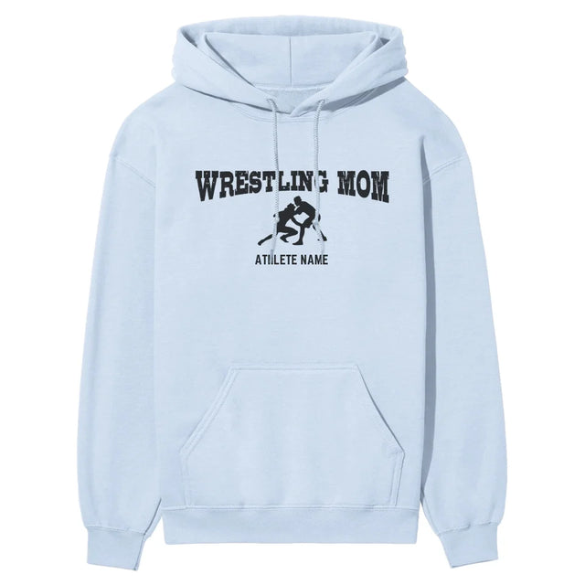 wrestling mom with wrestler icon and wrestler name on a hoodie with a black graphic