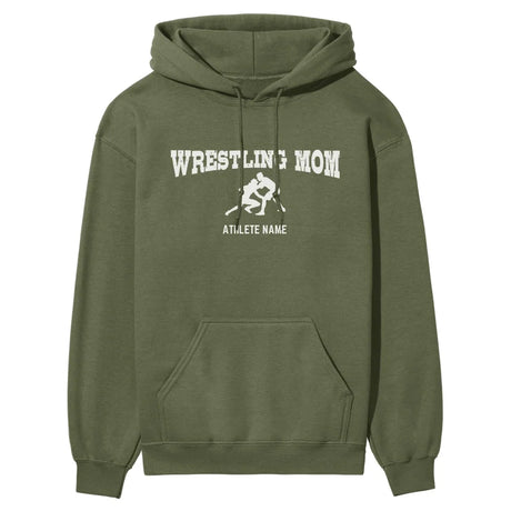 wrestling mom with wrestler icon and wrestler name on a hoodie with a white graphic