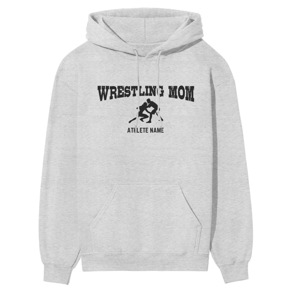 wrestling mom with wrestler icon and wrestler name on a hoodie with a black graphic