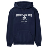 wrestling mom with wrestler icon and wrestler name on a hoodie with a white graphic