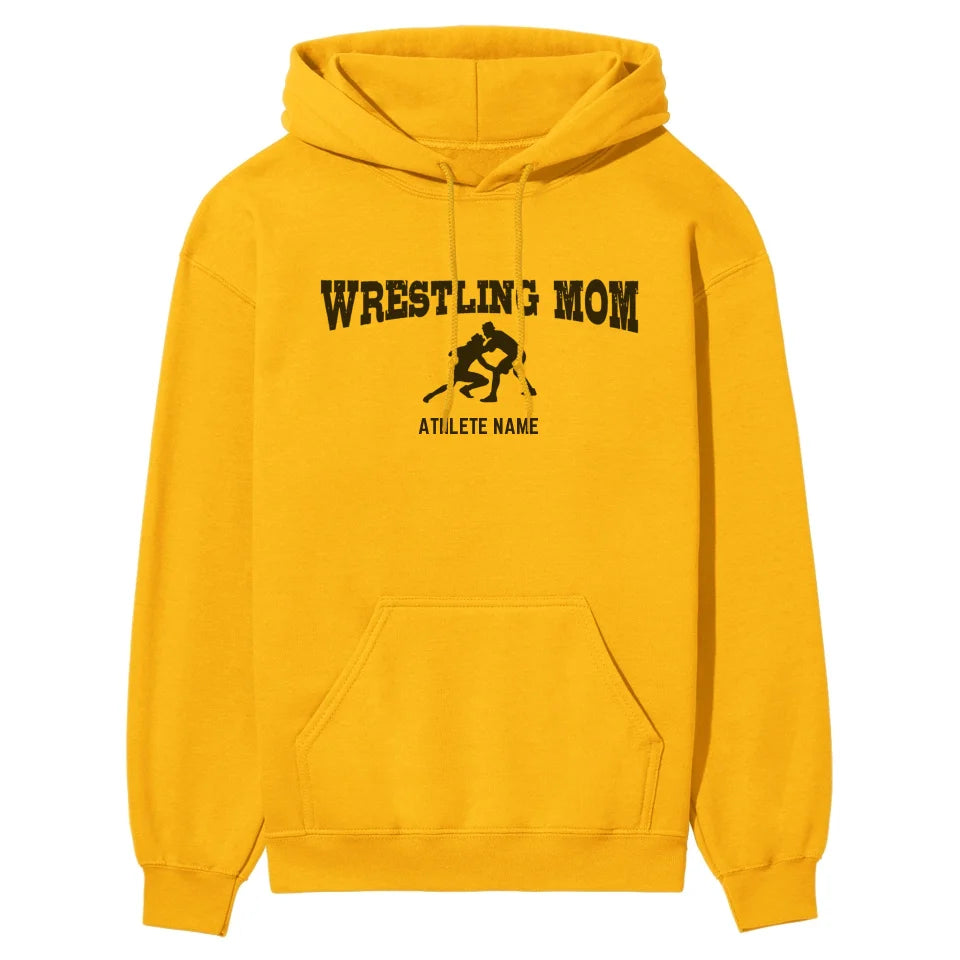 wrestling mom with wrestler icon and wrestler name on a hoodie with a black graphic