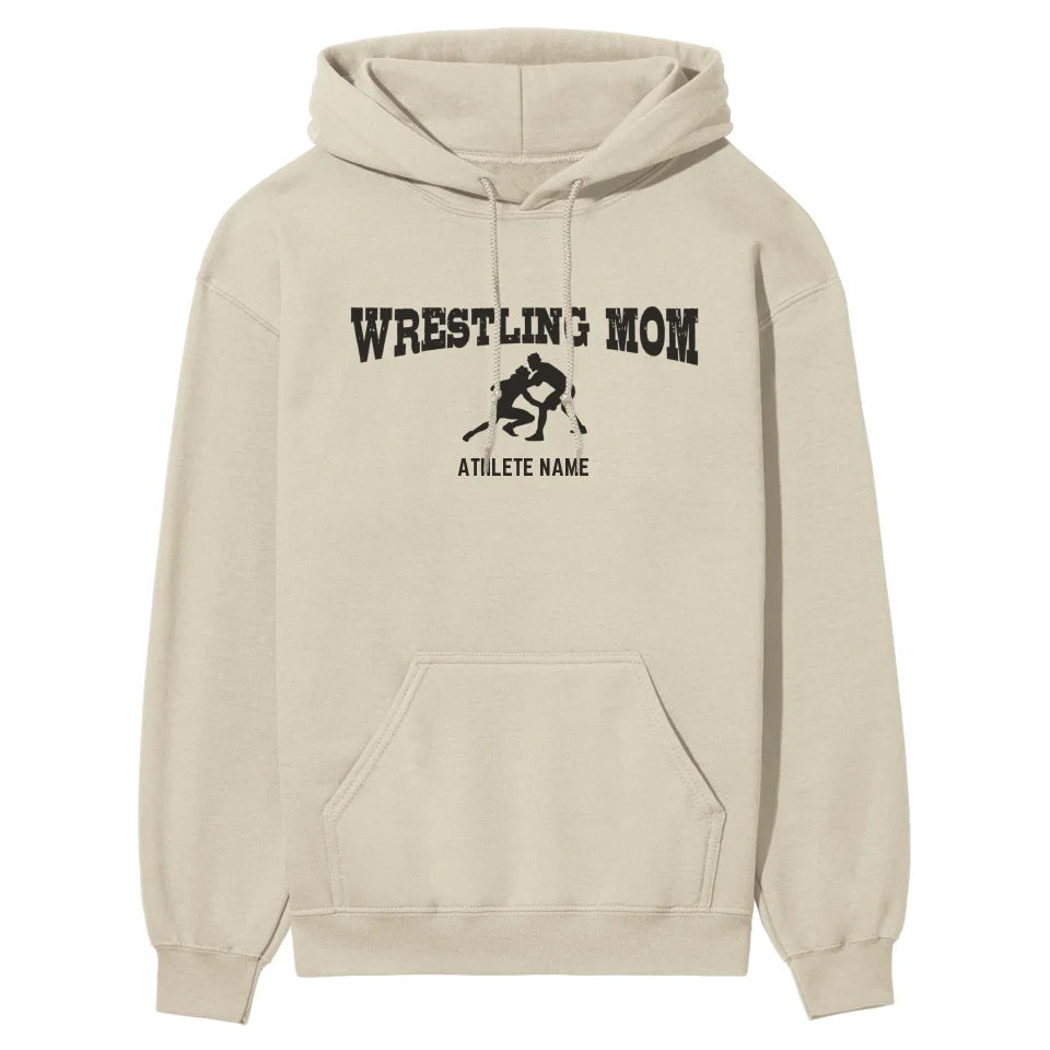 wrestling mom with wrestler icon and wrestler name on a hoodie with a black graphic