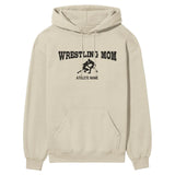 wrestling mom with wrestler icon and wrestler name on a hoodie with a black graphic