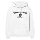 wrestling mom with wrestler icon and wrestler name on a hoodie with a black graphic