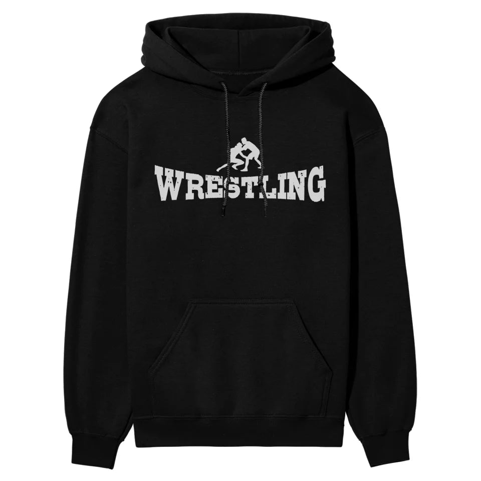 basic wrestling with wrestler icon on a hoodie with a white graphic