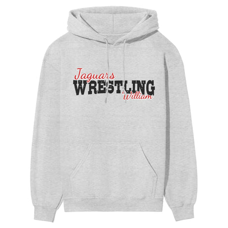 custom wrestling mascot and wrestler name on a hoodie with a black graphic