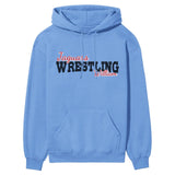 custom wrestling mascot and wrestler name on a hoodie with a black graphic