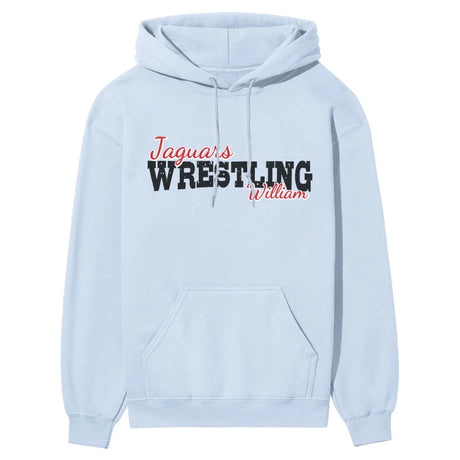 custom wrestling mascot and wrestler name on a hoodie with a black graphic