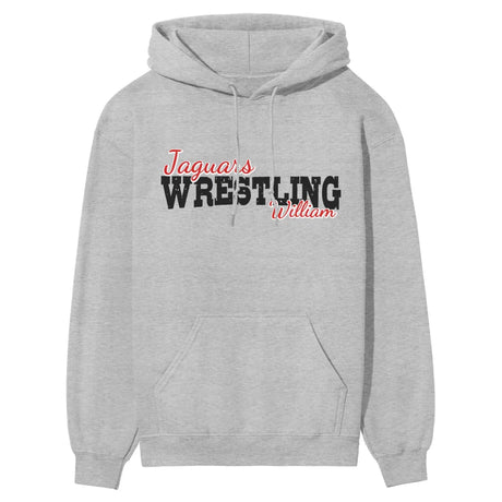 custom wrestling mascot and wrestler name on a hoodie with a black graphic