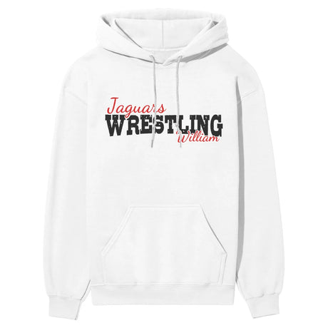 custom wrestling mascot and wrestler name on a hoodie with a black graphic