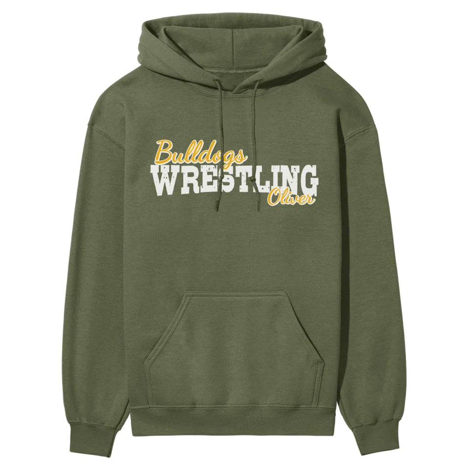 custom wrestling mascot and wrestler name on a hoodie with a white graphic