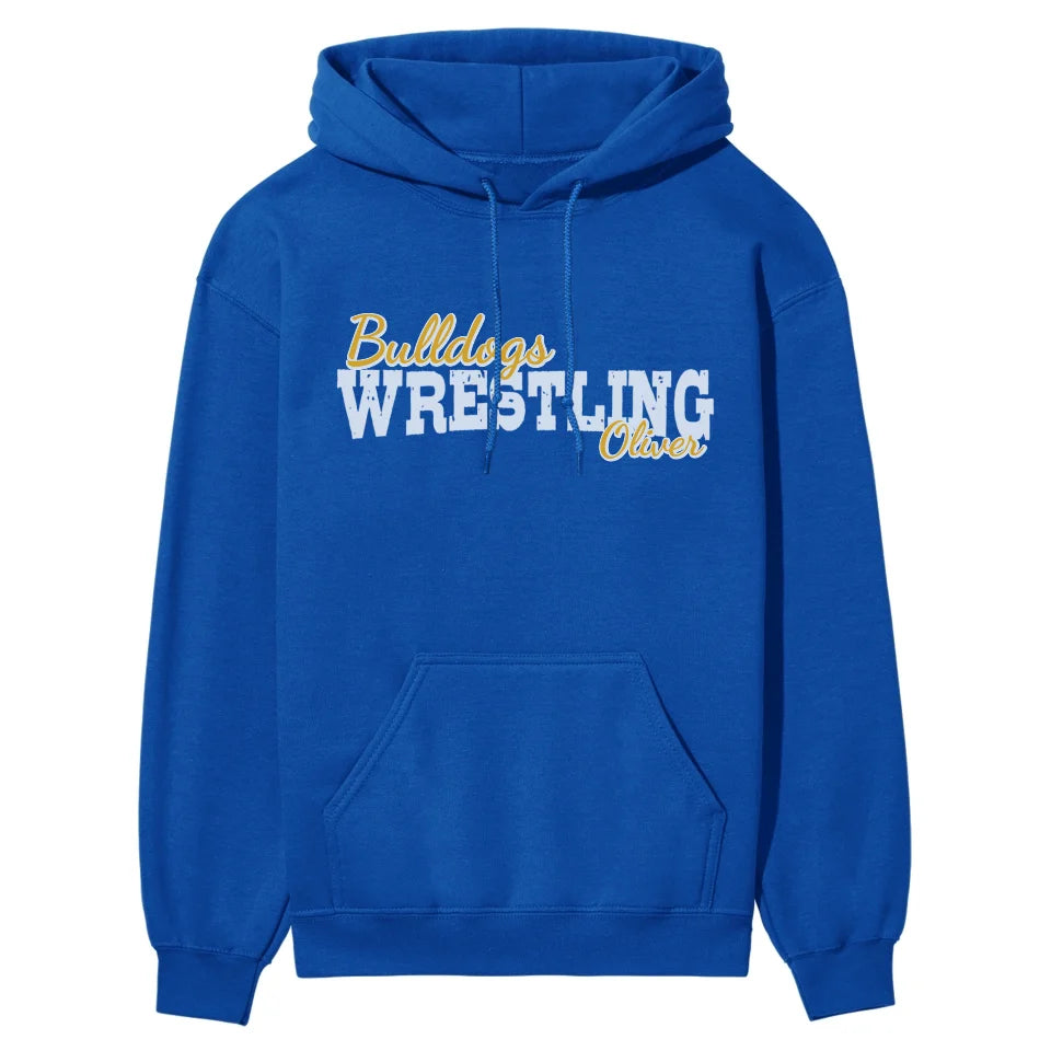 custom wrestling mascot and wrestler name on a hoodie with a white graphic