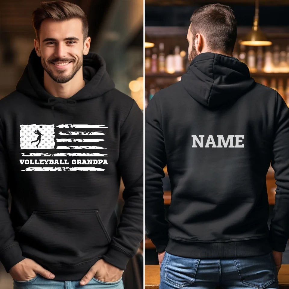 Volleyball Grandpa Horizontal Flag With Volleyball Player Name on a Hoodie with a White Graphic