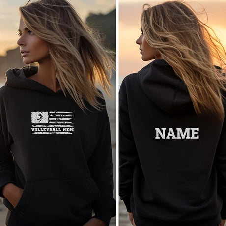 Volleyball Mom Horizontal Flag With Volleyball Player Name on a Hoodie with a White Graphic