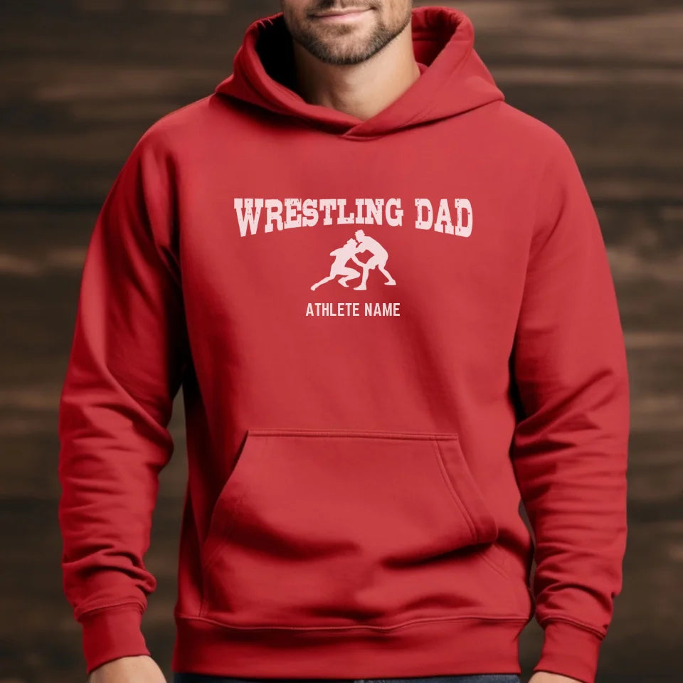 Wrestling Dad with Wrestler Icon and Wrestler Name on a Hoodie with a White Graphic