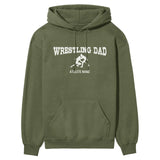 Wrestling Dad with Wrestler Icon and Wrestler Name on a Hoodie with a White Graphic