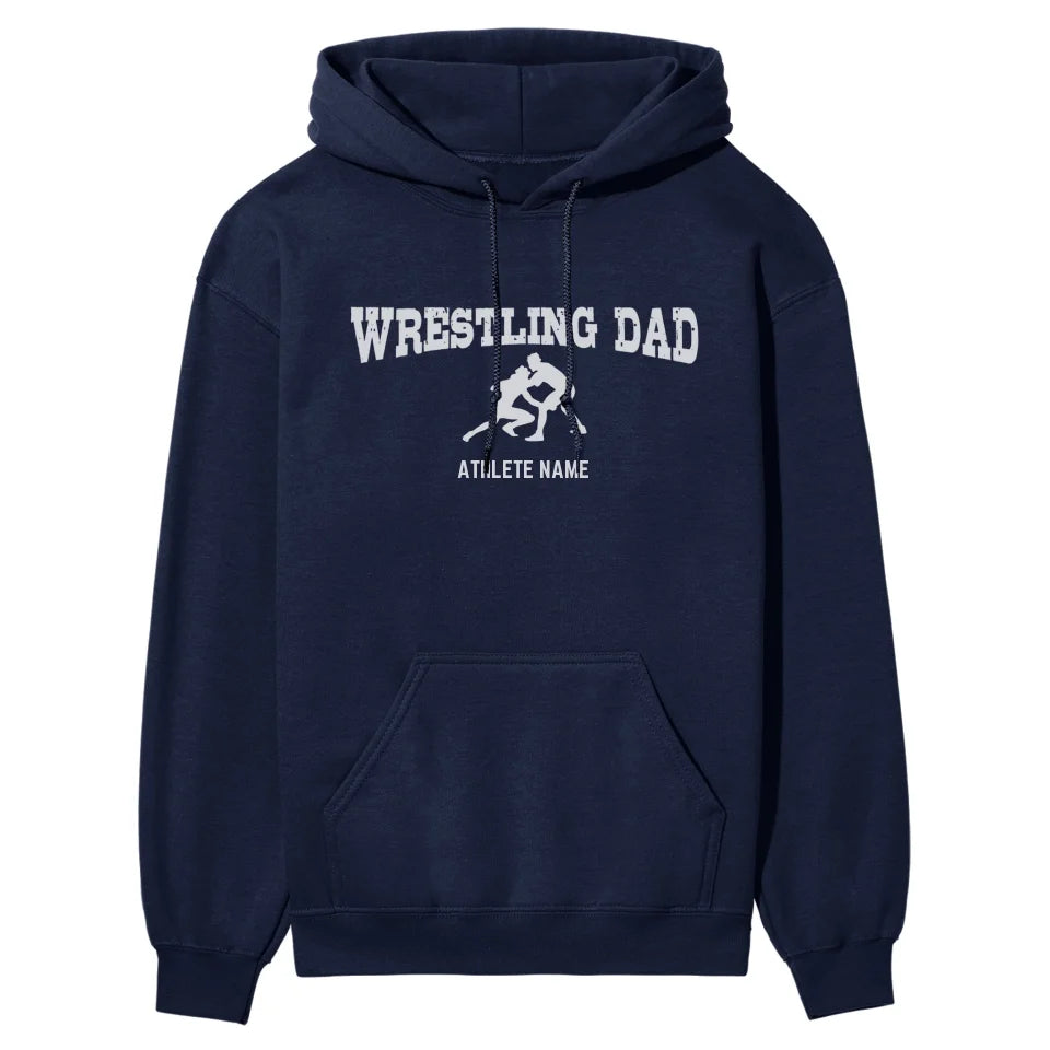 Wrestling Dad with Wrestler Icon and Wrestler Name on a Hoodie with a White Graphic