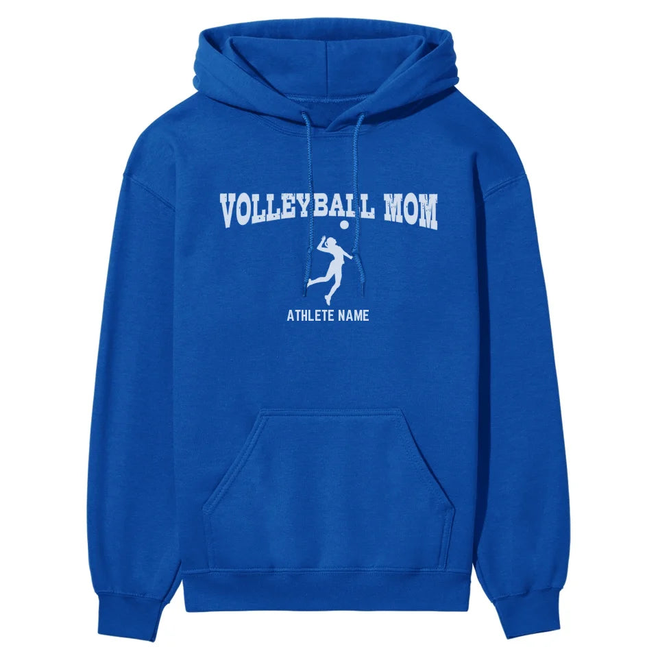 Volleyball Mom with Volleyball Player Icon and Volleyball Player Name on a Hoodie with a White Graphic