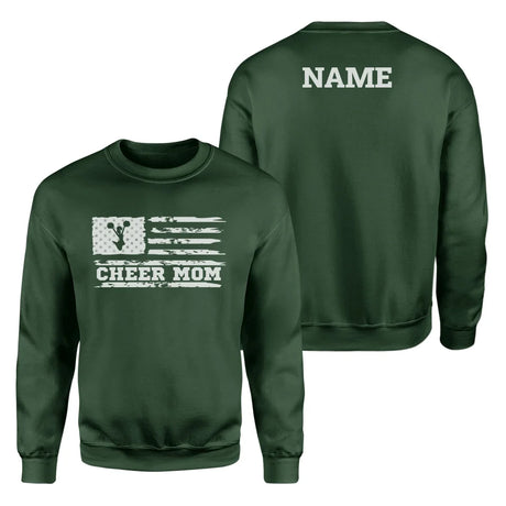 Cheer Mom Horizontal Flag With Cheerleader Name on a Sweatshirt with a White Graphic