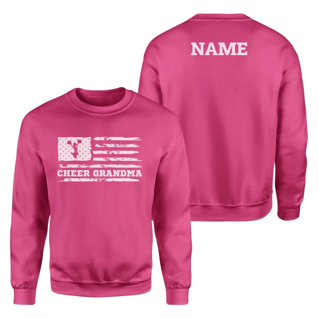 Cheer Grandma Horizontal Flag With Cheerleader Name on a Sweatshirt with a White Graphic