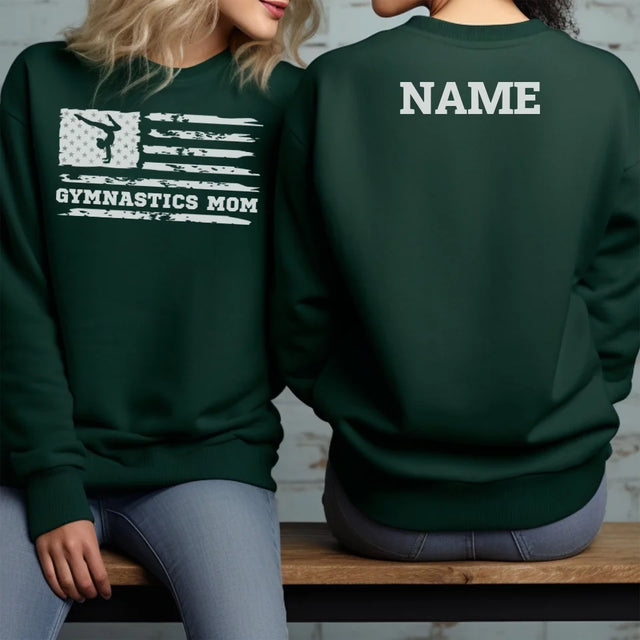 Gymnastics Mom Horizontal Flag With Gymnast Name on a Sweatshirt with a White Graphic